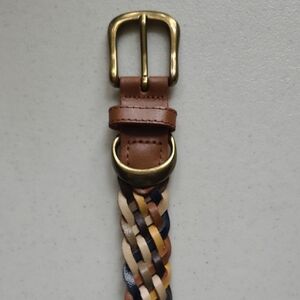 Genuine Leather Woven Belt in Brown, Tan & Navy Brass Buckle